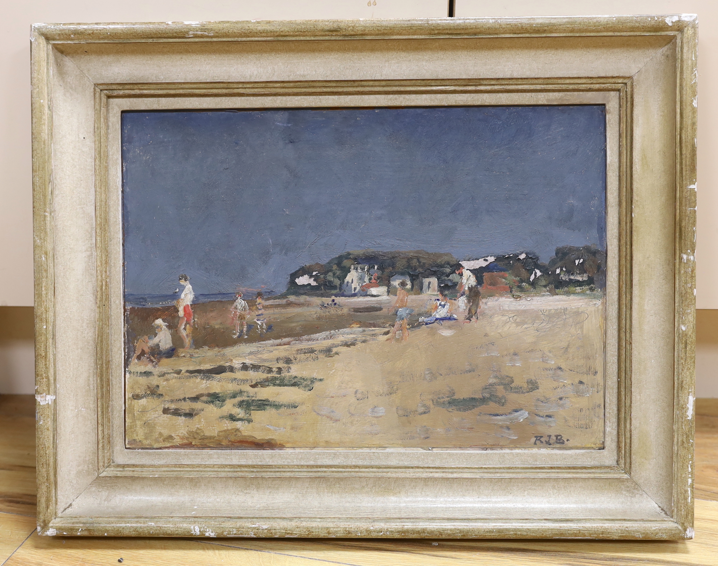 Rodney Joseph Burn RA (1899–1984), oil on board, Figures on a beach, monogrammed, 42cm x 29cm